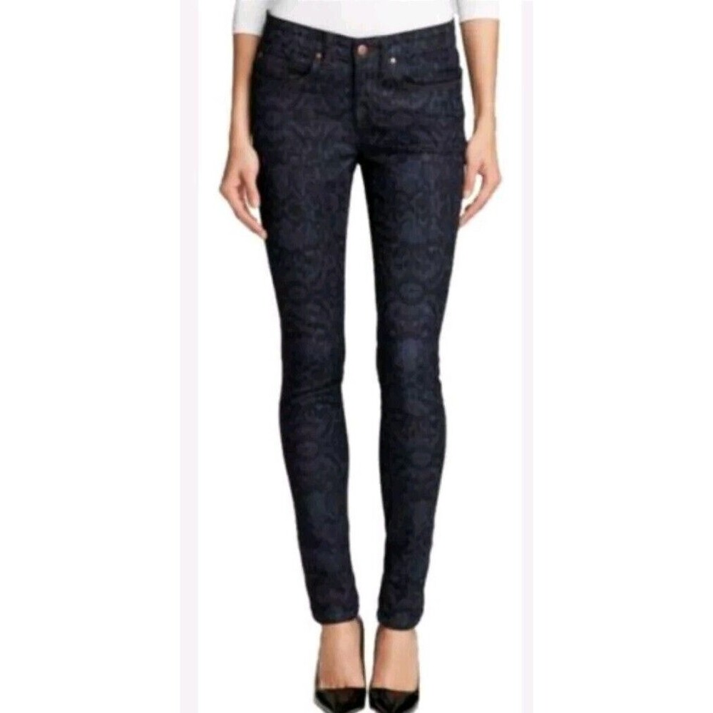 Eileen Fisher Women's Size 6 Blue Ikat Print Organic Cotton Skinny Denim Jeans